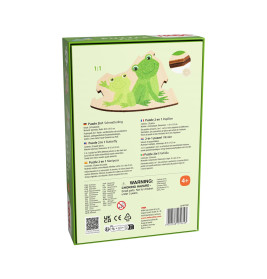 Rückseite einer Kinderpuzzlebox mit zwei grünen Fröschen und Produktinfos in mehreren Sprachen.