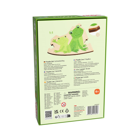 Rückseite einer Kinderpuzzlebox mit zwei grünen Fröschen und Produktinfos in mehreren Sprachen.