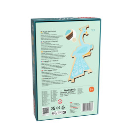 Rückseite einer 2-in-1-Elefantenpuzzle-Box mit Produktinfos, Warnhinweisen und blauer Elefantenillustration.