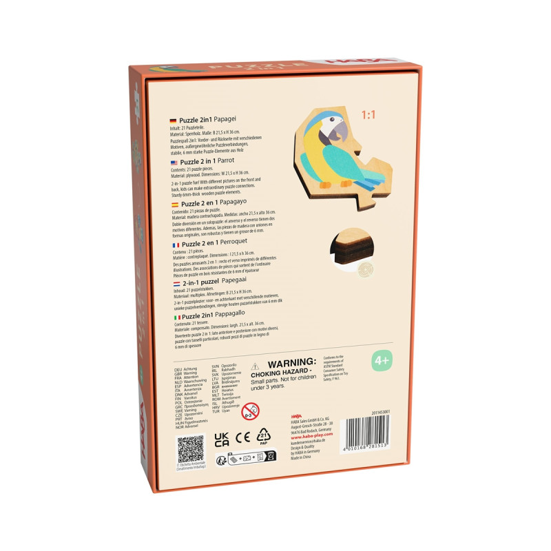 Rückseite einer Puzzlebox mit Papageien-Illustration und Produktdetails in mehreren Sprachen.