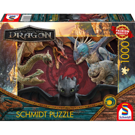 Schmidt 1000-Teile Puzzlebox Drachenzähmen leicht gemacht mit sechs animierten Drachen auf dem Cover.
