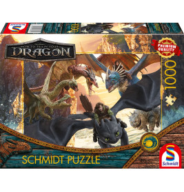 Puzzlebox Drachenzähmen leicht gemacht mit 1000 Teilen, zeigt Figuren beim Flug auf und mit Drachen.