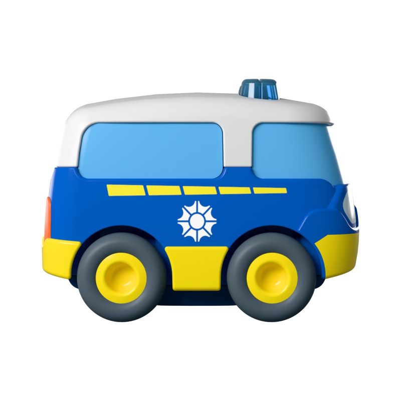 Spielzeug-Polizeiwagen in Blau, Weiß und Gelb mit Sirene und Sonnenemblem auf weißem Hintergrund.