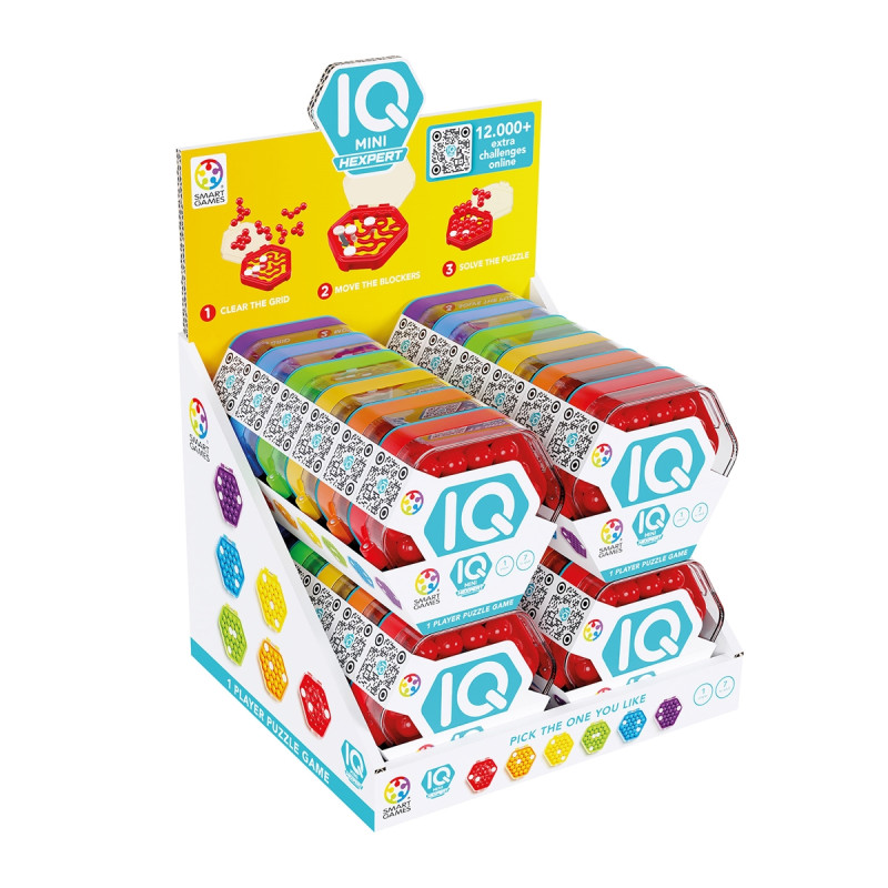 Verkaufsständer mit mehreren bunten IQ Mini Hexpert Puzzleboxen, ordentlich in Reihen angeordnet.