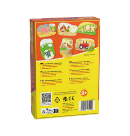 Bunte Box mit Bauernhof-Puzzles ab 2 Jahren, dazu Tier-, Scheunen- und Traktorillustrationen.