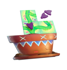 Ein bemalter Blumentopf enthält illustrierte Puzzleteile und drei violette Schmetterlings-Puzzlestücke.