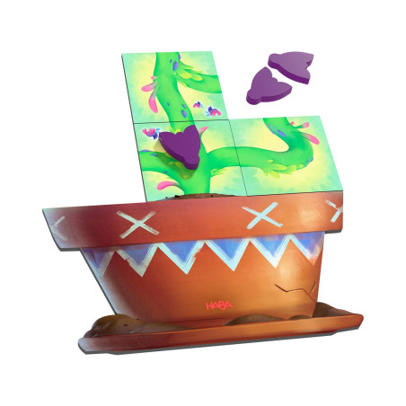 Ein bemalter Blumentopf enthält illustrierte Puzzleteile und drei violette Schmetterlings-Puzzlestücke.