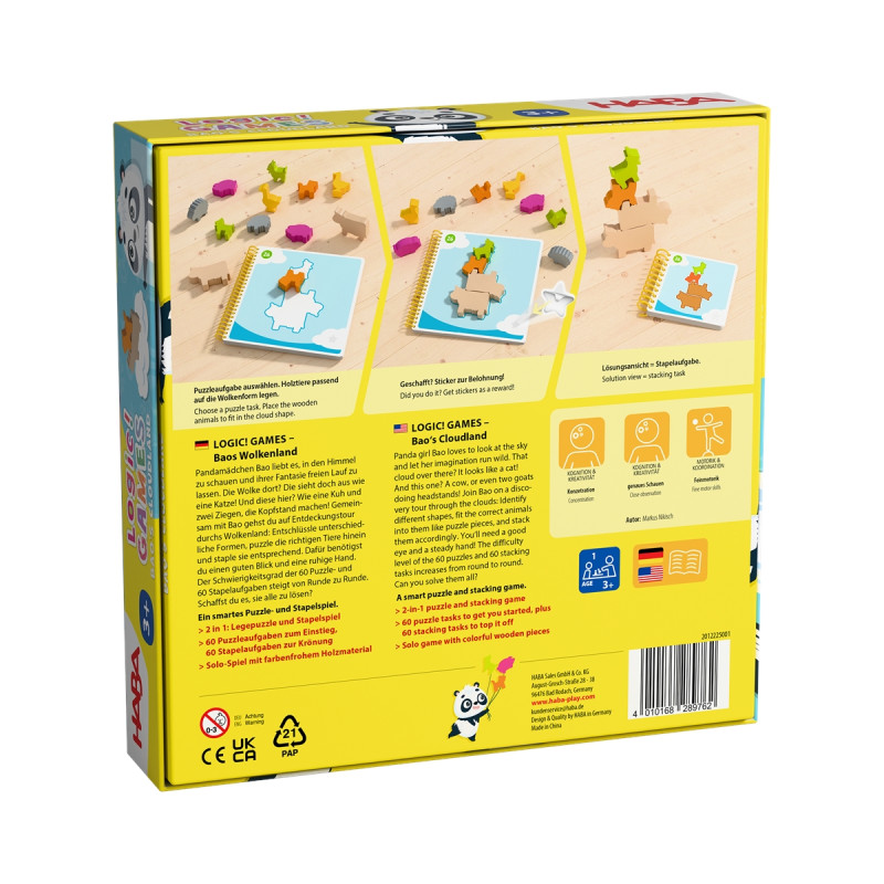 Rückseite einer HABA-Logikspielbox mit Abbildungen und Beschreibungen der Spielteile und Anleitung.
