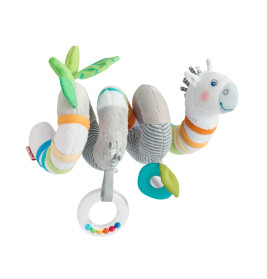 Plüsch-Spiral-Babyrassel mit Tiergesicht und bunten Ringen, ideal für Kinderbett oder Autositz.