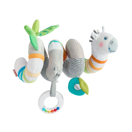 Plüsch-Spiral-Babyrassel mit Tiergesicht und bunten Ringen, ideal für Kinderbett oder Autositz.