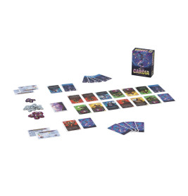 Kartenspiel Cardia mit Karten, Token und Spielschachtel auf weißem Hintergrund ausgelegt.
