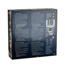 Rückseite der Adventskranz-Holz-Box mit mehrsprachigem Text, Symbolen, Barcode und goldenen Sternen auf dunklem Grund.