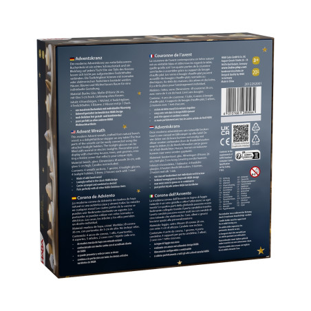 Rückseite der Adventskranz-Holz-Box mit mehrsprachigem Text, Symbolen, Barcode und goldenen Sternen auf dunklem Grund.