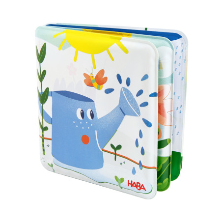 Farbenfrohes Kinderbadebuch mit lächelnder blauer Gießkanne, Pflanzen und Sonne auf dem Cover.