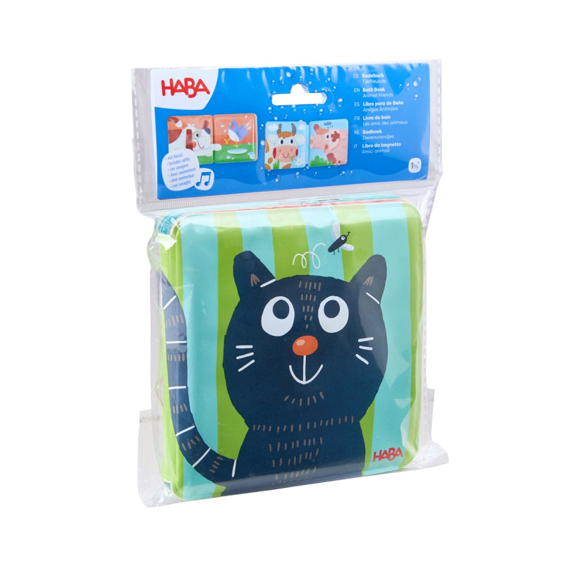 Verpacktes HABA-Badebuch für Babys mit einer Cartoon-Schwarzen Katze und grünen Streifen auf dem Cover.