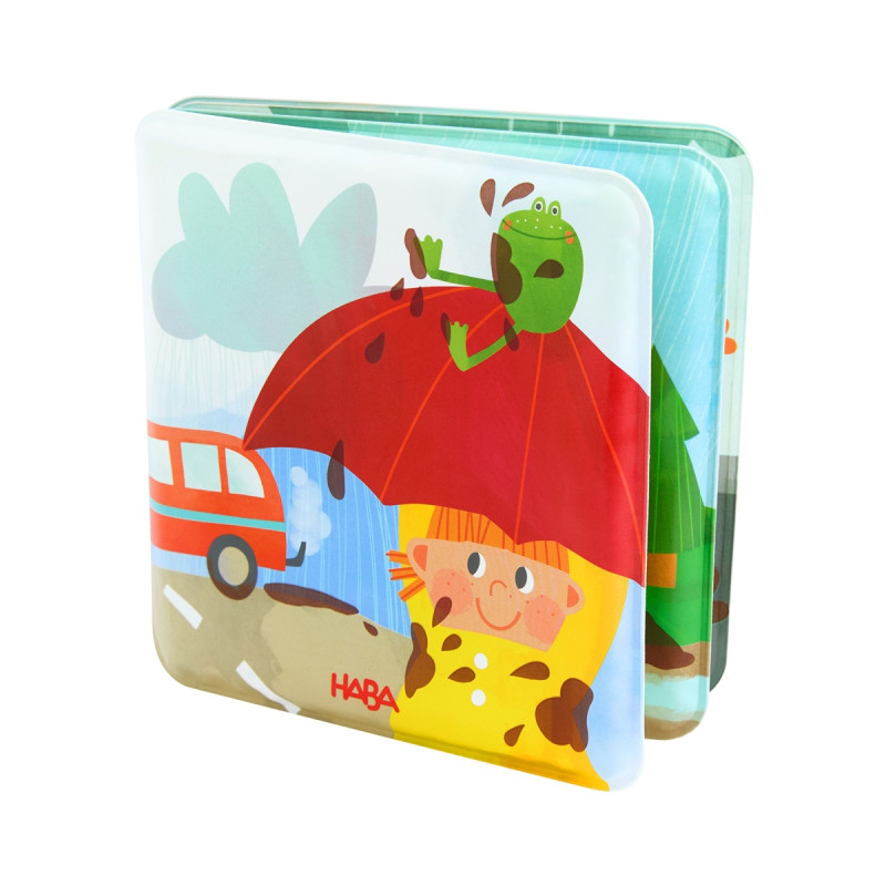 Wasserdichtes Bilderbuch für Kinder mit Frosch, rotem Regenschirm und Bus in bunter Cartoon-Szene.