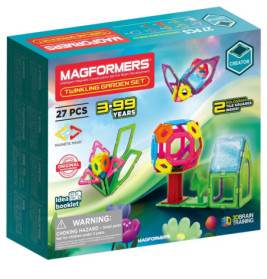 Magformers Twinkling Garden Set: Bunte Magnet-Bauteile und Modellabbildungen, geeignet für Kinder ab 3 Jahren.