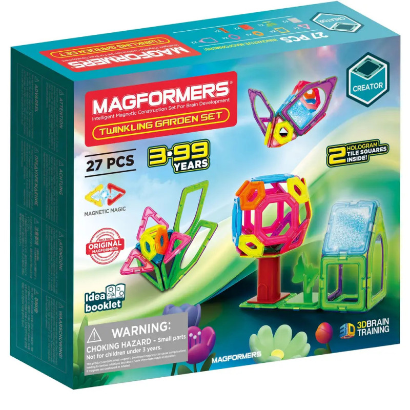 Magformers Twinkling Garden Set: Bunte Magnet-Bauteile und Modellabbildungen, geeignet für Kinder ab 3 Jahren.