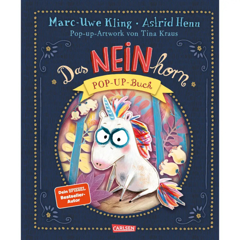 Cover von Das NEINhorn mit gezeichnetem Einhorn, Regenbogenmähne und wütendem Gesichtsausdruck.
