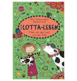 Cartoon-Mädchen hält eine Katze und steht neben einer Kuh, bunte Kritzeleien auf grünem Hintergrund.