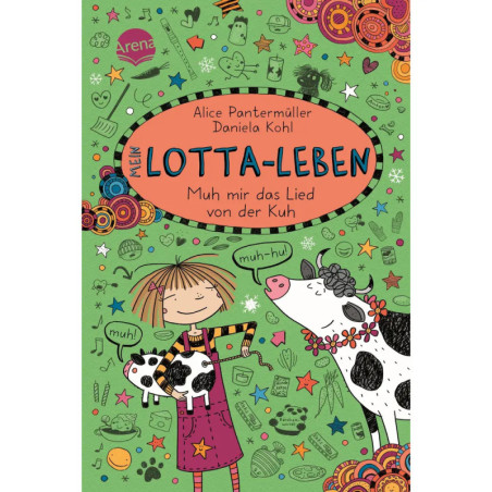 Cartoon-Mädchen hält eine Katze und steht neben einer Kuh, bunte Kritzeleien auf grünem Hintergrund.