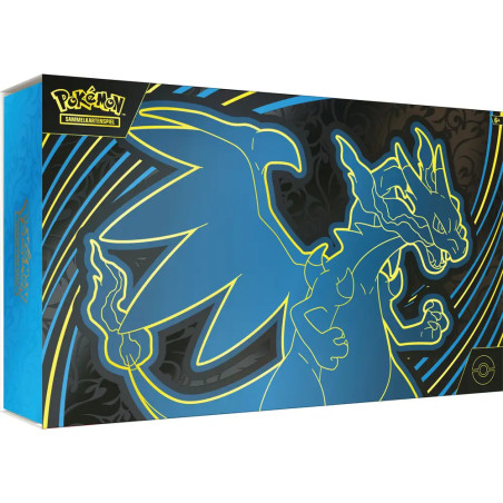 Pokémon-Box mit leuchtend blauem Charizard-Umriss auf schwarzem Grund, gelben und blauen Akzenten.