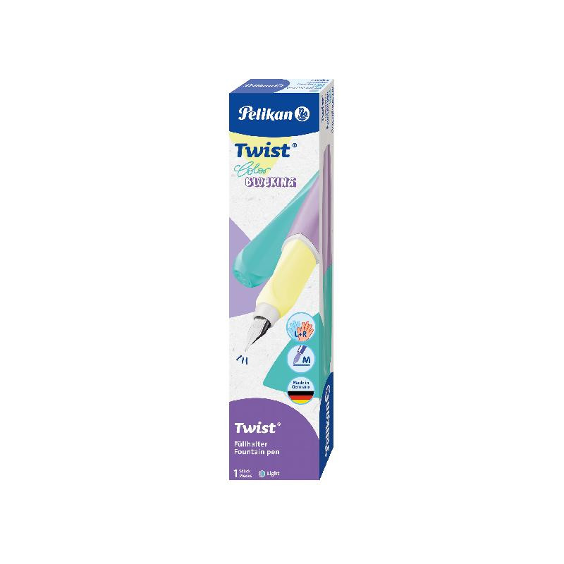 Pelikan Twist Füller, Pastellfarben, Medium-Feder, blaue Tinte, in Schachtel auf weißem Hintergrund.