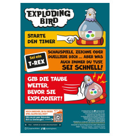 Cartoon-Vogel sitzt auf einer Bombe, umgeben von deutschen Spielanweisungen und bunten Textfeldern.
