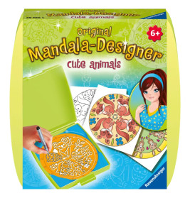 Mandala-Designer Cute Animals mit Schablonen, farbigen Zeichnungen und Mädchen-Abbildung auf der Verpackung.