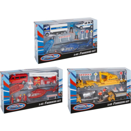 Drei Spielzeug-Fahrzeugsets: Polizei, Feuerwehr und Bau, jeweils mit passenden Figuren und Zubehör in Boxen.