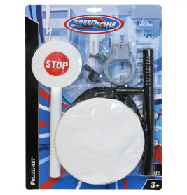 Polizei-Spielset mit STOP-Schild, Handschellen, Schlagstock und Abzeichen in Klarsichtverpackung Speedzone.