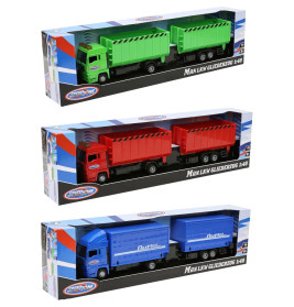 Drei Spielzeug-Müllwagen in Schachteln: grün, rot und blau, mit unterschiedlich gestalteten Behältern.