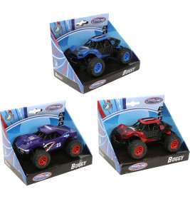 Drei verpackte Spielzeugbuggys in Blau, Lila und Rot auf weißem Hintergrund.