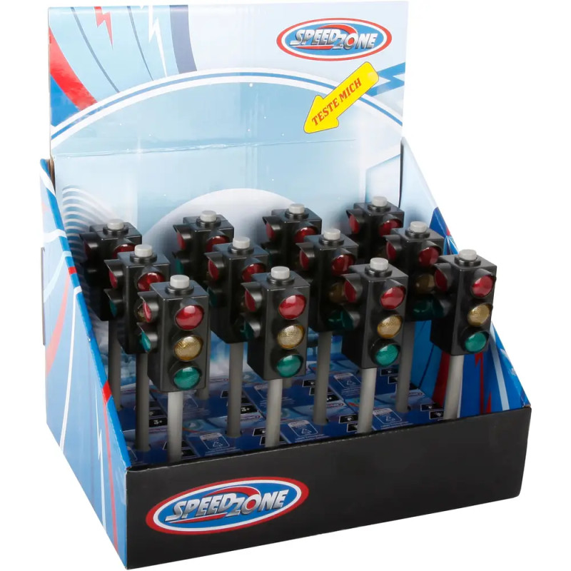 Displaybox mit Spielzeug-Ampeln in Rot, Gelb und Grün der Marke Speedzone.