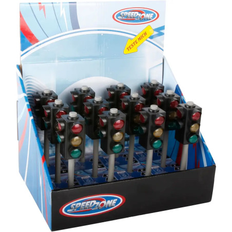Displaybox mit Spielzeug-Ampeln in Rot, Gelb und Grün der Marke Speedzone.