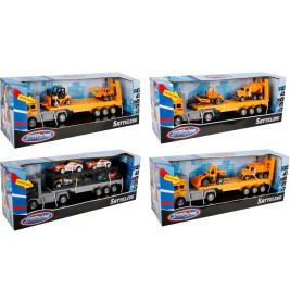 Spielzeug-Lkw mit Anhängern, beladen mit Bau- und Autos, jeweils in bunter Verpackung.