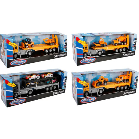 Spielzeug-Lkw mit Anhängern, beladen mit Bau- und Autos, jeweils in bunter Verpackung.