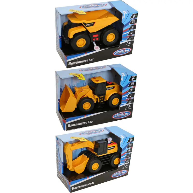 Drei gelbe Spielzeug-Baumaschinen im Karton: Kipplaster, Lader und Bagger.