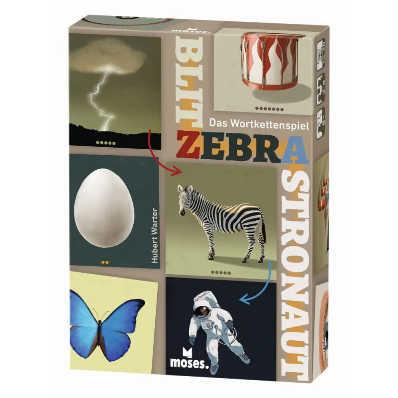 Brettspielbox Blitz Zebra mit Bildern von Zebra, Schmetterling, Ei, Blitz, Astronaut und Trommel.