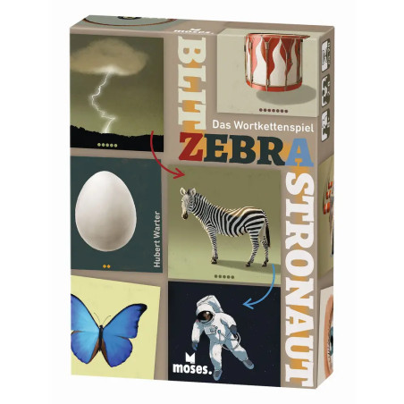 Brettspielbox Blitz Zebra mit Bildern von Zebra, Schmetterling, Ei, Blitz, Astronaut und Trommel.