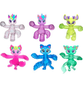 Sechs bunte, dehnbare Tierfiguren mit großen Augen sind in zwei Reihen auf weißem Hintergrund angeordnet.