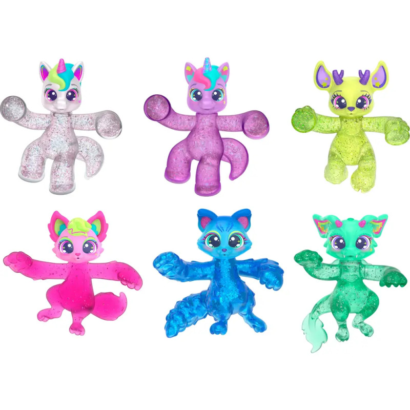 Sechs bunte, dehnbare Tierfiguren mit großen Augen sind in zwei Reihen auf weißem Hintergrund angeordnet.