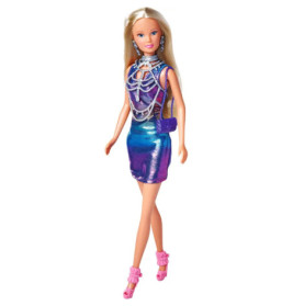 Barbie-Puppe in glänzendem blau-lila Kleid mit Perlenaccessoires und pinken High Heels.