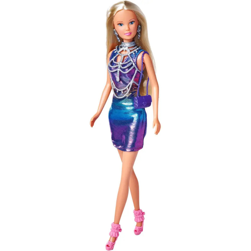 Barbie-Puppe in glänzendem blau-lila Kleid mit Perlenaccessoires und pinken High Heels.