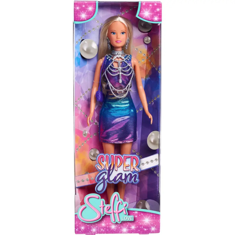 Blonde Modepuppe im lila-blauen Kleid in einer bunten "Super Glam Steffi Love"-Verpackung.
