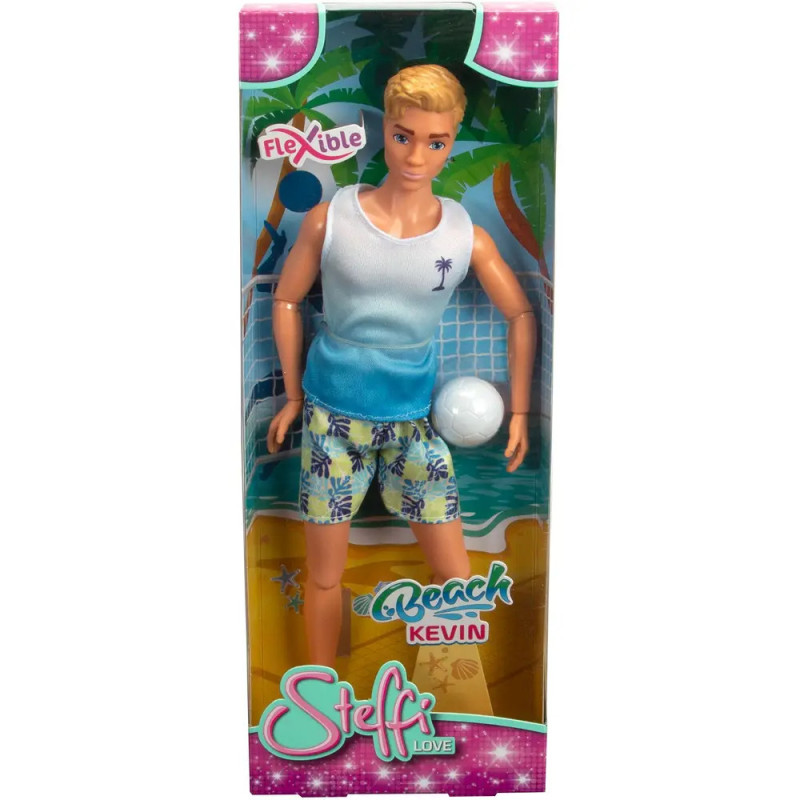 Blonder Beach-Puppenjunge mit Tanktop und Shorts im Karton, "Beach Kevin" von Steffi Love.