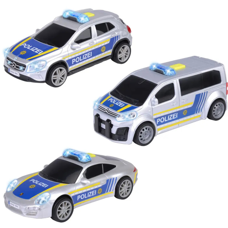 Drei silberne Spielzeug-Polizeiautos mit blau-gelber Polizei-Beschriftung und Dachleuchten sind abgebildet.