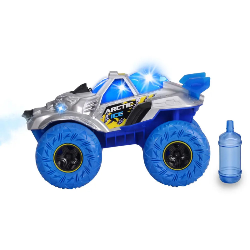 Spielzeug-Monstertruck Arctic Ice mit großen blauen Rädern, daneben steht eine Wasserflasche.