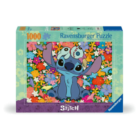 1000-teiliges Ravensburger Puzzle: Stitch sitzt zwischen bunten Blumen, mit einer Puppe auf dem Kopf.
