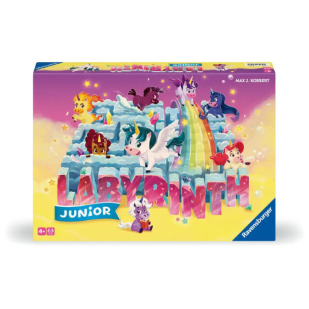 Labyrinth Junior Brettspiel: Bunte Schachtel mit Einhörnern auf Wolken und einem Regenbogen.